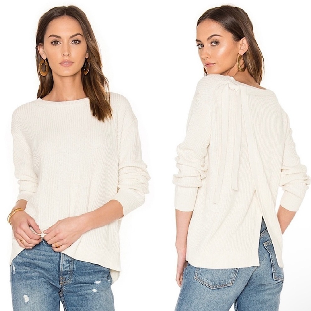 VINCE Cashmere Blend Long Sleeve Slit Back Sweater | Cream Ribbed Knit Small